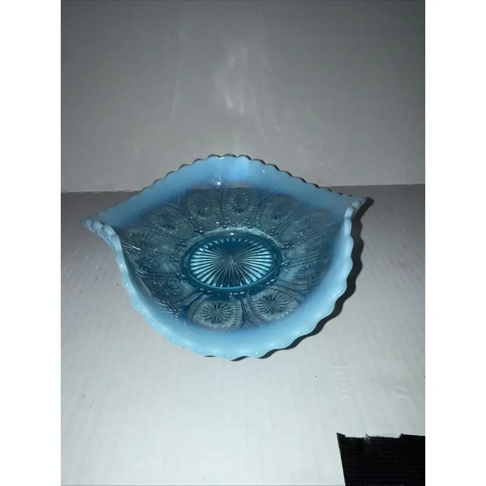 Antique Northwood Blue Opalescent Spokes & Wheels Trifold Footed Carnival Glass